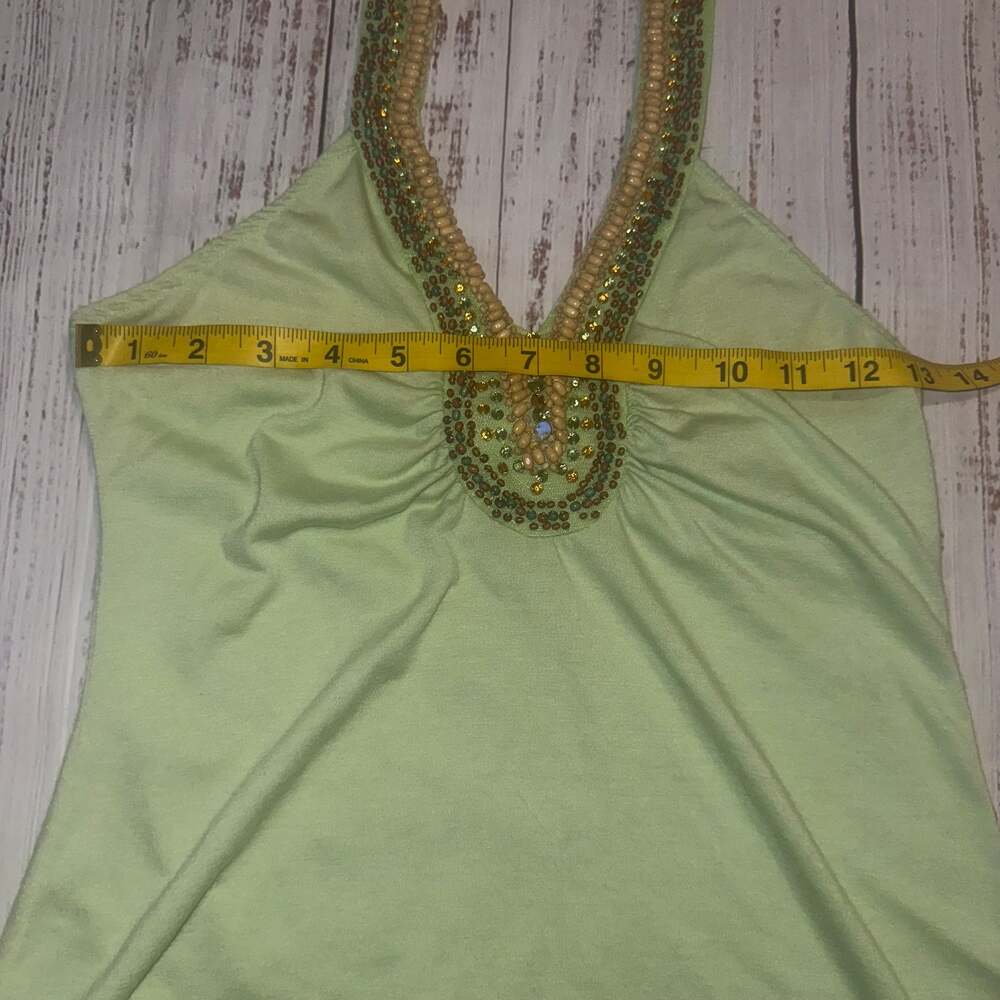 LIPSTICK Y2K Vintage Lime Green Fairy Flowy Beaded Halter Top-S - Picture 3 of 7